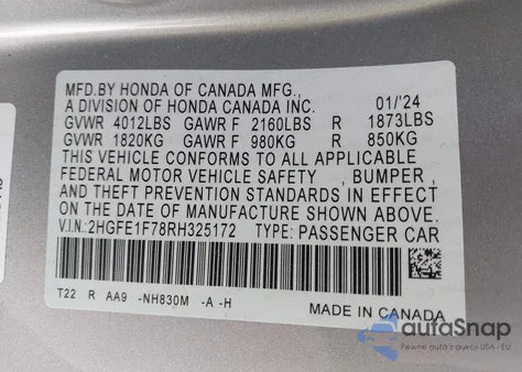 2024 Honda Civic Ex from USA, damaged, VIN 2HGFE1F78RH325172